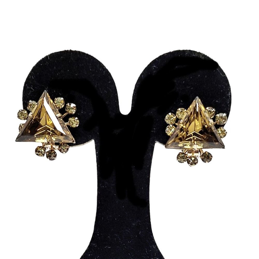 1950s Vintage Large Topaz Golden Brown Rhinestone Triangle Shape Earrings Clips